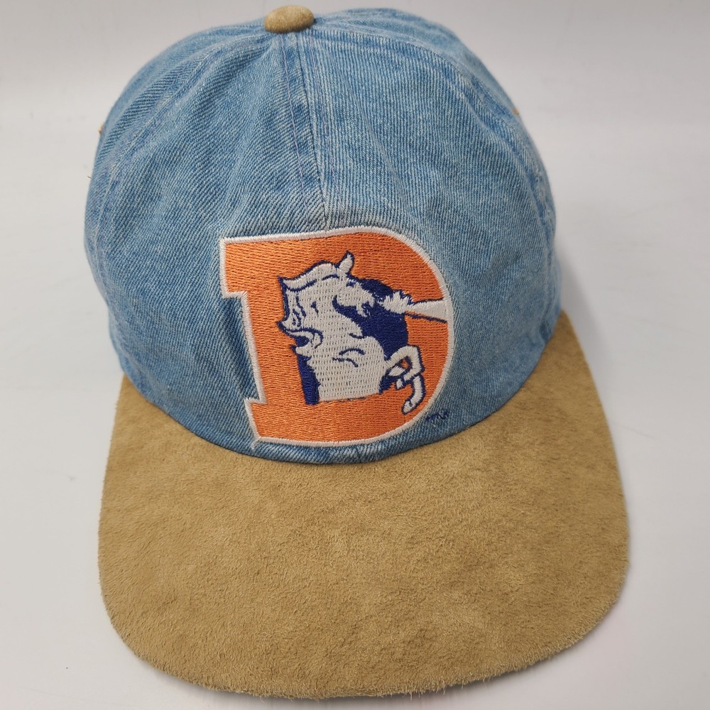 Vintage Denver Broncos Hat Strapback Starter‎ Blue Tan NFL Blockhead Denim Suede